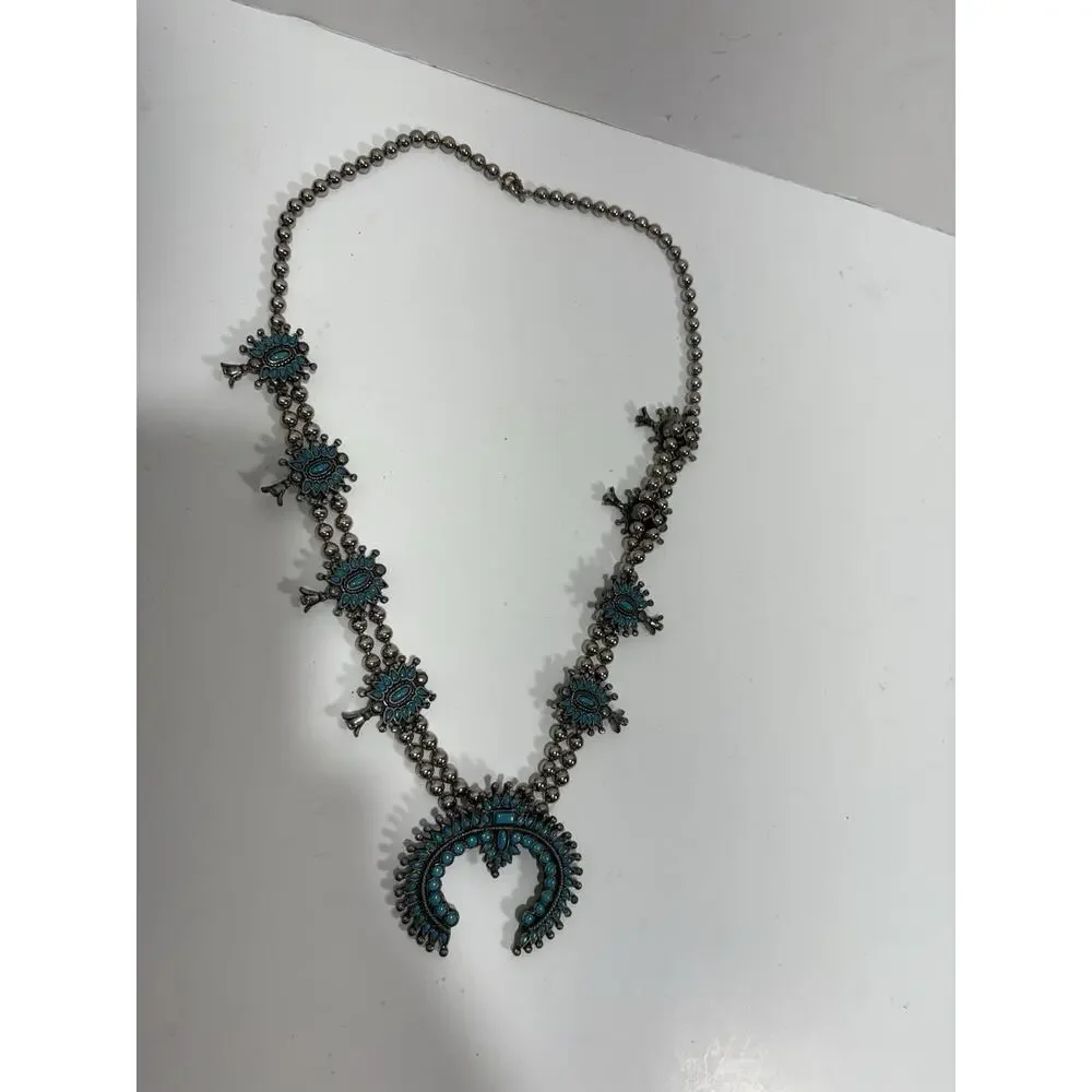 Vintage‎ Native American Squash Blossom Necklace Needlepoint Turquoise Gorgeous!